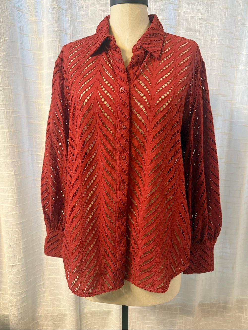 Chico's Deep Red Openwork Button-Up Knit Blouse